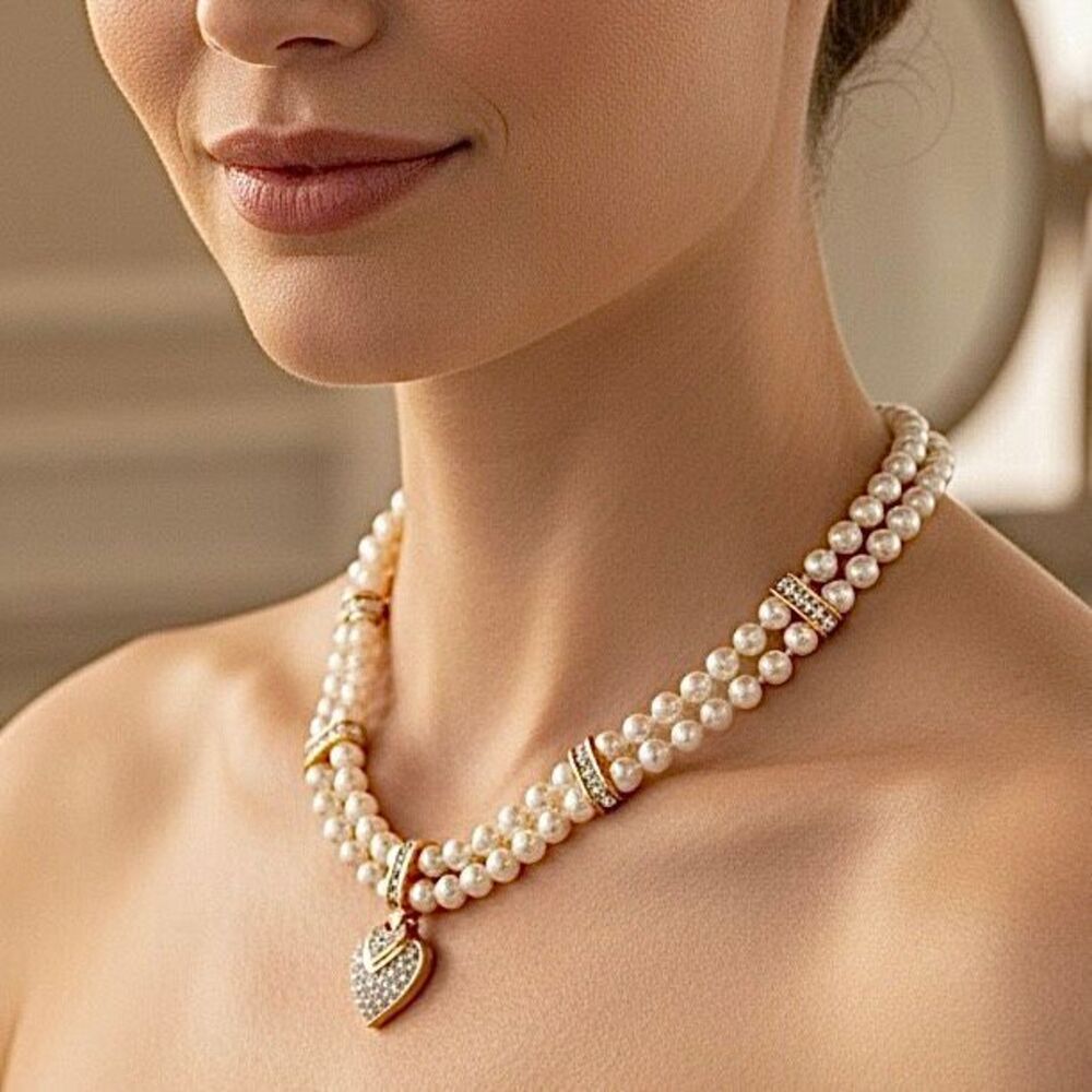 Faux Ivory Pearl and Pave’ Rhinestone Double Strand Necklace - Picture 3 of 5